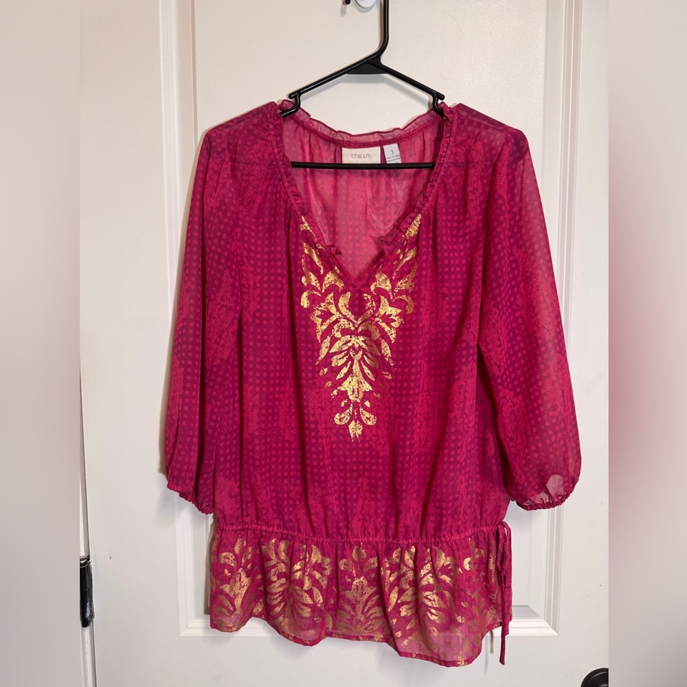 Chico’s Damask Shimmer‎ Lacy Top 1 M Medium 3/4 Sleeve Bengali Pink Gold Sheer - Picture 5 of 7